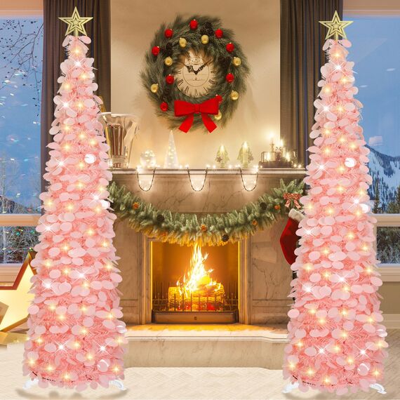 HMASYO 180 cm Pop-Up Lametta Weihnachtsbaum mit 100 Timer-Lichter und Fernbedienung, Pink Zusammenklappbarer Künstlicher Schlanken Weihnachtsbaum für Zuhause Wohnung Büro Festdekoration, USB-Betrieb