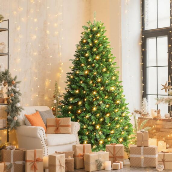 SHareconn 180cm Weihnachtsbaum künstlich mit Beleuchtung, Künstlicher Weihnachtsbaum mit 330 Warmweißen & Mehrfarbigen LED Lichtern, 8 Lichtmodi, 1018 PE & PVC Zweigspitzen, Faltbarem Metallständer