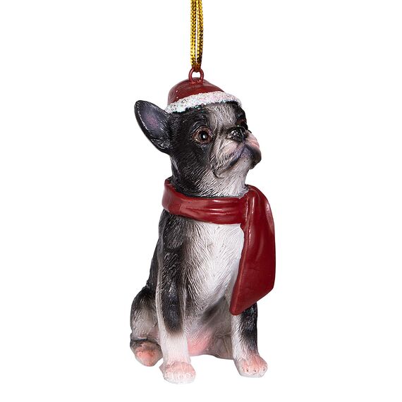 Design Toscano Boston Terrier festlicher Hund Weihnachtsbaumornament Weihnachtsdeko, Polyresin, vollfarbe, 8 cm