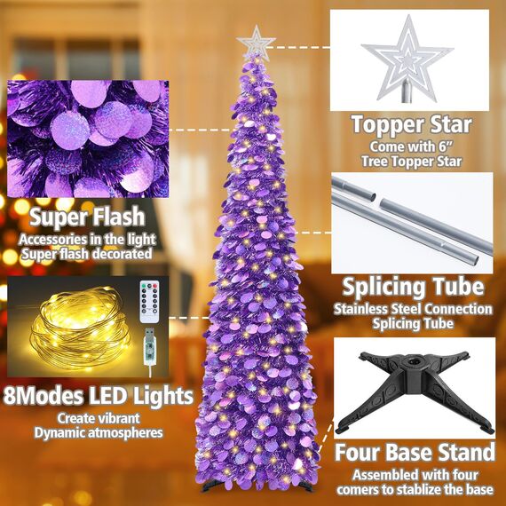 HMASYO Pop-Up-Weihnachtsbaum mit 100 LED-Lichtern und Fernbedienung, violetter Weihnachts-Lametta-Baum, zusammenklappbarer künstlicher Bleistiftbaum für Zuhause, Büro, Party-Dekoration, USB-betriebene