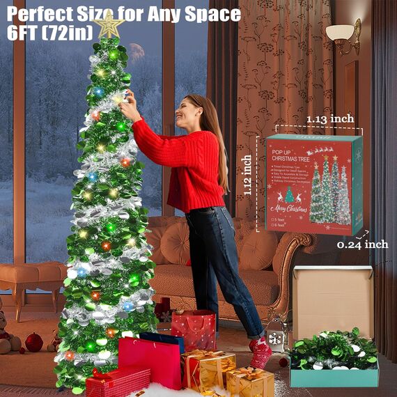 HMASYO 180 cm Pop-Up Lametta Weihnachtsbaum mit 100 Timer-Lichter und Fernbedienung, Zusammenklappbarer Künstlicher Schlanken Weihnachtsbaum für Zuhause Wohnung Büro Festdekoration, USB-Betrieb