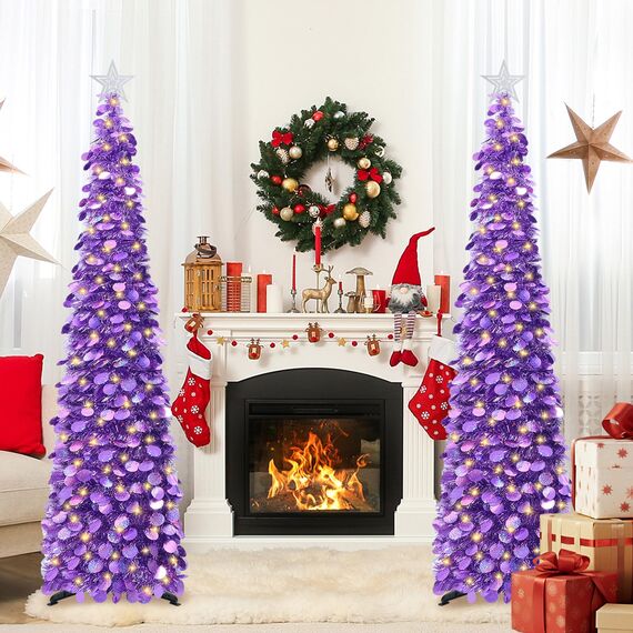HMASYO Pop-Up-Weihnachtsbaum mit 100 LED-Lichtern und Fernbedienung, violetter Weihnachts-Lametta-Baum, zusammenklappbarer künstlicher Bleistiftbaum für Zuhause, Büro, Party-Dekoration, USB-betriebene