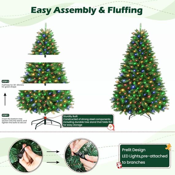 SHareconn 180cm Weihnachtsbaum künstlich mit Beleuchtung, Künstlicher Weihnachtsbaum mit 330 Warmweißen & Mehrfarbigen LED Lichtern, 8 Lichtmodi, 1018 PE & PVC Zweigspitzen, Faltbarem Metallständer