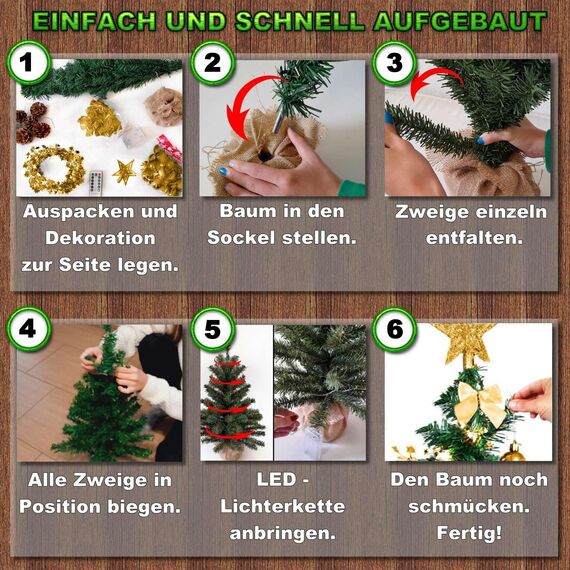 Weihnachtsbaum künstlich (WBD) 75 cm grün mit Weihnachtsdeko Gold und Led Lichterkette mit Batteriebox und Fernbedienung künstlicher Christbaum klein Tannenbaum