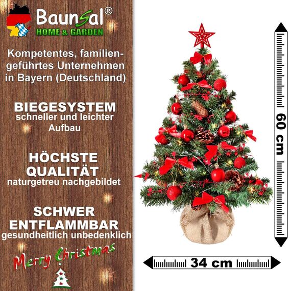Weihnachtsbaum künstlich (WBD) 60 cm grün mit Weihnachtsdeko rot und Led Lichterkette mit Batteriebox und Fernbedienung künstlicher Christbaum klein Tannenbaum