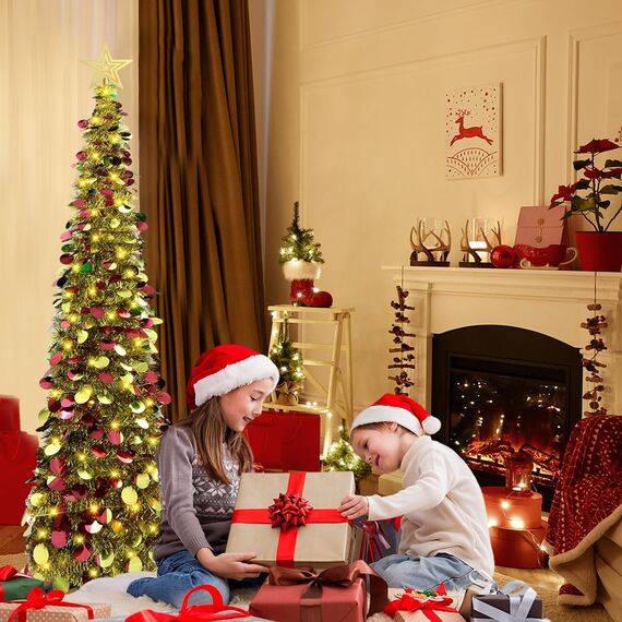 HMASYO 150 cm Pop-Up Lametta Weihnachtsbaum mit 50 Timer-Lichtern, Buntes Gold Zusammenklappbarer Künstlich Schlanken Weihnachtsbaum für den Innenbereich, Zuhause Wohnung Kamin mit Festdekoration