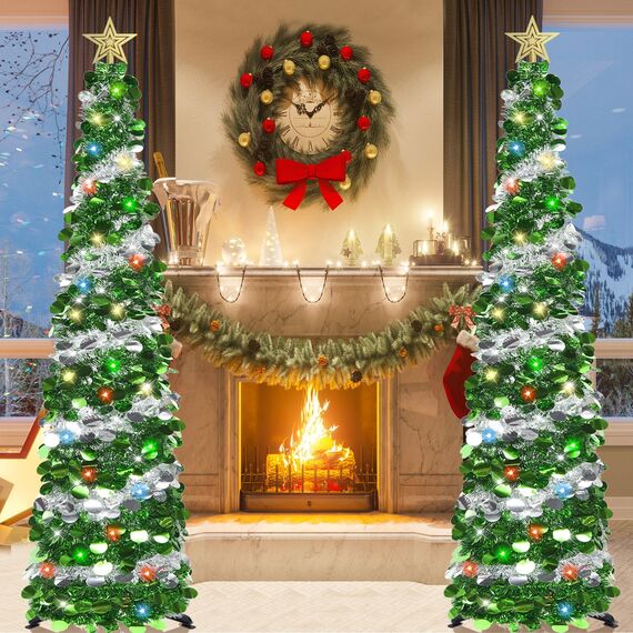 HMASYO 180 cm Pop-Up Lametta Weihnachtsbaum mit 100 Timer-Lichter und Fernbedienung, Zusammenklappbarer Künstlicher Schlanken Weihnachtsbaum für Zuhause Wohnung Büro Festdekoration, USB-Betrieb