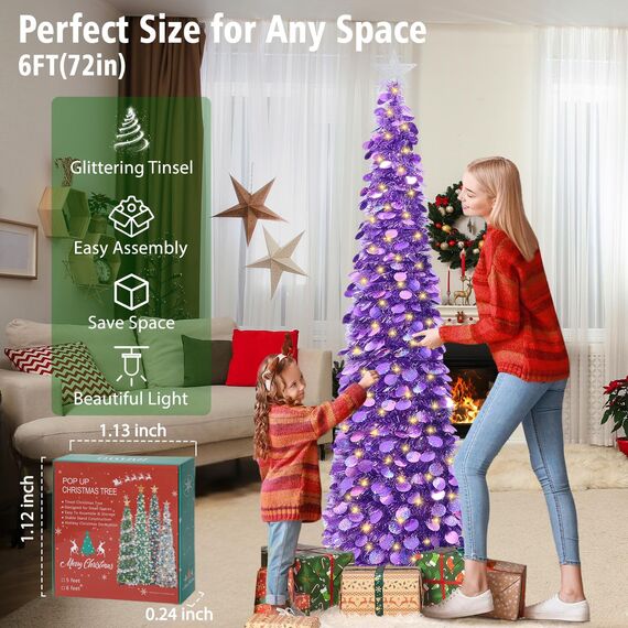 HMASYO Pop-Up-Weihnachtsbaum mit 100 LED-Lichtern und Fernbedienung, violetter Weihnachts-Lametta-Baum, zusammenklappbarer künstlicher Bleistiftbaum für Zuhause, Büro, Party-Dekoration, USB-betriebene