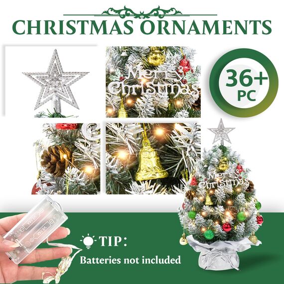 XmasExp Mini-Weihnachtsbaum-Set mit 2 LED-Lichtern, Stern-Baumkronen, Ornamenten, Kugeln, Glocken und Tannenzapfen, 50,8 cm, silberfarben