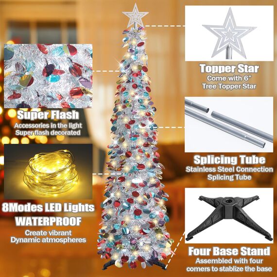 HMASYO 150 cm Pop-Up Lametta Weihnachtsbaum mit 50 Timer-Lichtern, Buntes Silber Zusammenklappbarer Künstlich Schlanken Weihnachtsbaum für den Innenbereich, Zuhause Wohnung Kamin mit Festdekoration