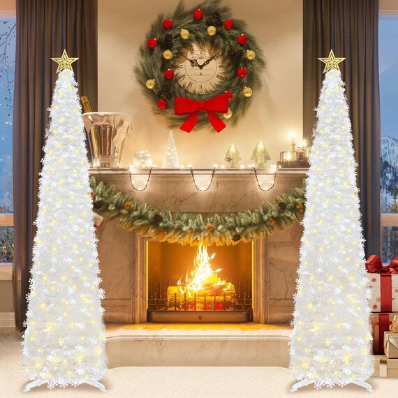 HMASYO 180 cm Pop-Up Lametta Weihnachtsbaum mit 100 Timer-Lichter und Fernbedienung, Weiß Zusammenklappbarer Künstlicher Schlanken Weihnachtsbaum für Zuhause Wohnung Büro Festdekoration, USB-Betrieb