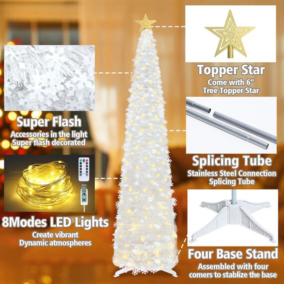 HMASYO 180 cm Pop-Up Lametta Weihnachtsbaum mit 100 Timer-Lichter und Fernbedienung, Weiß Zusammenklappbarer Künstlicher Schlanken Weihnachtsbaum für Zuhause Wohnung Büro Festdekoration, USB-Betrieb