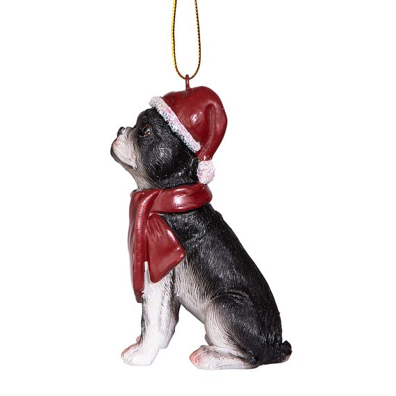 Design Toscano Boston Terrier festlicher Hund Weihnachtsbaumornament Weihnachtsdeko, Polyresin, vollfarbe, 8 cm