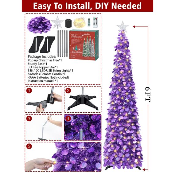 HMASYO Pop-Up-Weihnachtsbaum mit 100 LED-Lichtern und Fernbedienung, violetter Weihnachts-Lametta-Baum, zusammenklappbarer künstlicher Bleistiftbaum für Zuhause, Büro, Party-Dekoration, USB-betriebene