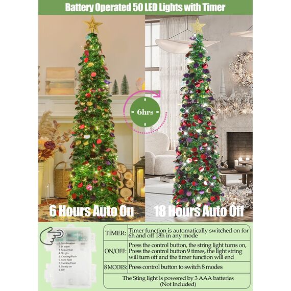 HMASYO 150 cm Pop-Up Lametta Weihnachtsbaum mit 50 Timer-Lichtern, Buntes Grün Zusammenklappbarer Künstlich Schlanken Weihnachtsbaum für den Innenbereich, Zuhause Wohnung Kamin mit Festdekoration