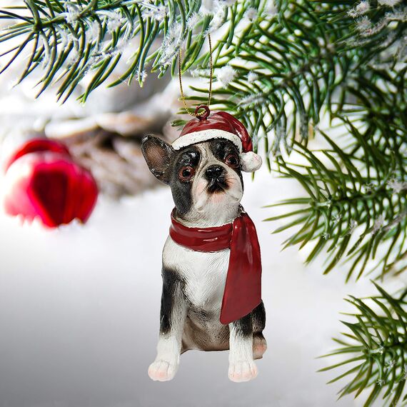Design Toscano Boston Terrier festlicher Hund Weihnachtsbaumornament Weihnachtsdeko, Polyresin, vollfarbe, 8 cm