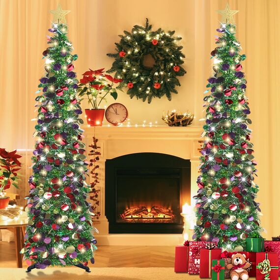 HMASYO 150 cm Pop-Up Lametta Weihnachtsbaum mit 50 Timer-Lichtern, Buntes Grün Zusammenklappbarer Künstlich Schlanken Weihnachtsbaum für den Innenbereich, Zuhause Wohnung Kamin mit Festdekoration