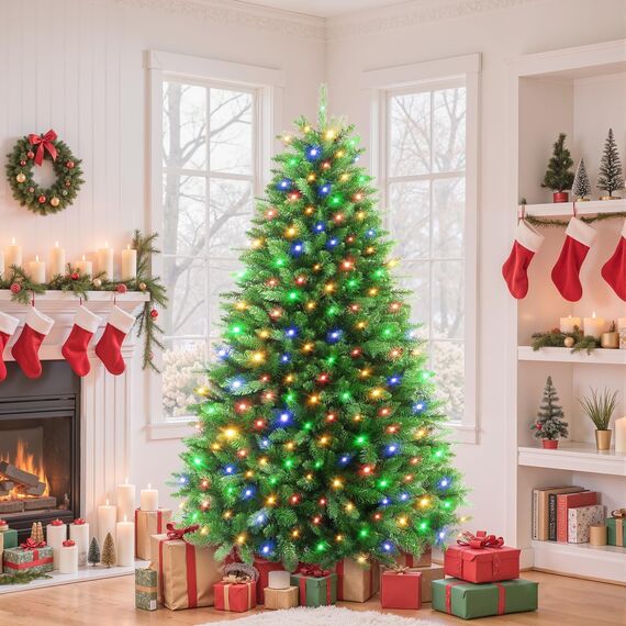SHareconn 180cm Weihnachtsbaum künstlich mit Beleuchtung, Künstlicher Weihnachtsbaum mit 330 Warmweißen & Mehrfarbigen LED Lichtern, 8 Lichtmodi, 1018 PE & PVC Zweigspitzen, Faltbarem Metallständer