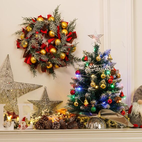 XmasExp Mini-Weihnachtsbaum-Set mit 2 LED-Lichtern, Stern-Baumkronen, Ornamenten, Kugeln, Glocken und Tannenzapfen, 50,8 cm, silberfarben
