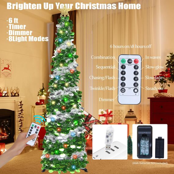 HMASYO 180 cm Pop-Up Lametta Weihnachtsbaum mit 100 Timer-Lichter und Fernbedienung, Zusammenklappbarer Künstlicher Schlanken Weihnachtsbaum für Zuhause Wohnung Büro Festdekoration, USB-Betrieb