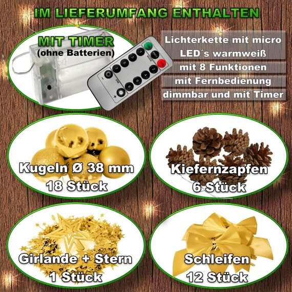 Weihnachtsbaum künstlich (WBD) 75 cm grün mit Weihnachtsdeko Gold und Led Lichterkette mit Batteriebox und Fernbedienung künstlicher Christbaum klein Tannenbaum