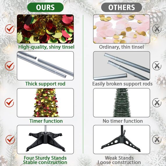 HMASYO 150 cm Pop-Up Lametta Weihnachtsbaum mit 50 Timer-Lichtern, Buntes Gold Zusammenklappbarer Künstlich Schlanken Weihnachtsbaum für den Innenbereich, Zuhause Wohnung Kamin mit Festdekoration