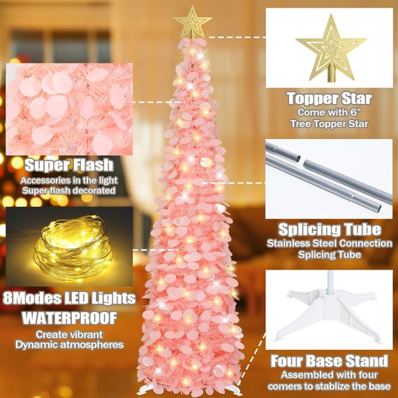 HMASYO 150 cm Pop-Up Lametta Weihnachtsbaum mit 50 Timer-Lichtern, Pink Zusammenklappbarer Künstlich Schlanken Weihnachtsbaum für den Innenbereich, Zuhause Wohnung Kamin mit Festdekoration