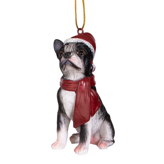 Design Toscano Boston Terrier festlicher Hund Weihnachtsbaumornament Weihnachtsdeko, Polyresin, vollfarbe, 8 cm