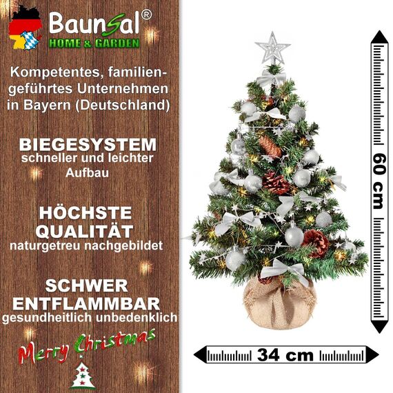 Weihnachtsbaum künstlich (WBD) 60 cm grün mit Weihnachtsdeko Silber und Led Lichterkette mit Batteriebox und Fernbedienung künstlicher Christbaum klein Tannenbaum