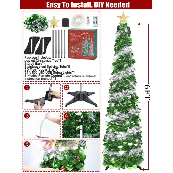 HMASYO 180 cm Pop-Up Lametta Weihnachtsbaum mit 100 Timer-Lichter und Fernbedienung, Zusammenklappbarer Künstlicher Schlanken Weihnachtsbaum für Zuhause Wohnung Büro Festdekoration, USB-Betrieb