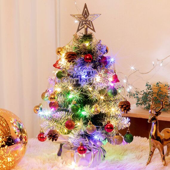 XmasExp Mini-Weihnachtsbaum-Set mit 2 LED-Lichtern, Stern-Baumkronen, Ornamenten, Kugeln, Glocken und Tannenzapfen, 50,8 cm, silberfarben