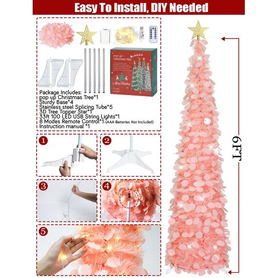 HMASYO 180 cm Pop-Up Lametta Weihnachtsbaum mit 100 Timer-Lichter und Fernbedienung, Pink Zusammenklappbarer Künstlicher Schlanken Weihnachtsbaum für Zuhause Wohnung Büro Festdekoration, USB-Betrieb