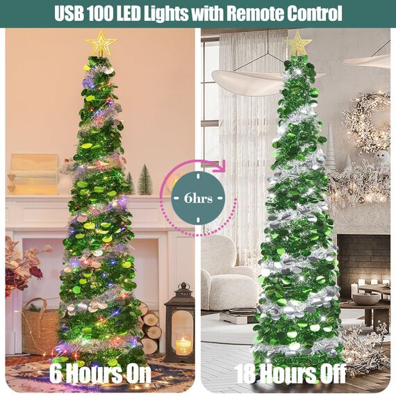 HMASYO 180 cm Pop-Up Lametta Weihnachtsbaum mit 100 Timer-Lichter und Fernbedienung, Zusammenklappbarer Künstlicher Schlanken Weihnachtsbaum für Zuhause Wohnung Büro Festdekoration, USB-Betrieb