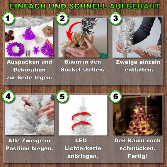 Weihnachtsbaum künstlich (WBD) 90 cm Weiss mit Weihnachtsdeko lila und Led Lichterkette mit Batteriebox und Fernbedienung künstlicher Christbaum klein Tannenbaum