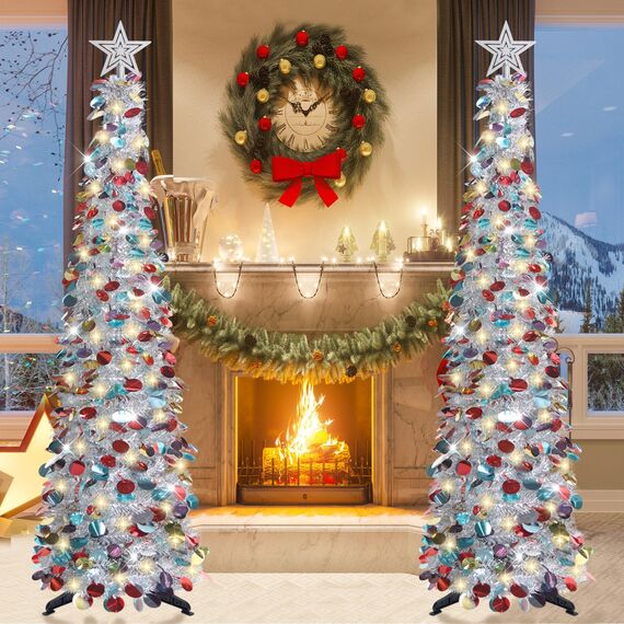 HMASYO 150 cm Pop-Up Lametta Weihnachtsbaum mit 50 Timer-Lichtern, Buntes Silber Zusammenklappbarer Künstlich Schlanken Weihnachtsbaum für den Innenbereich, Zuhause Wohnung Kamin mit Festdekoration