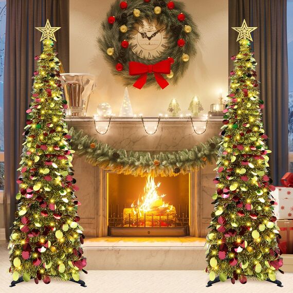 HMASYO 150 cm Pop-Up Lametta Weihnachtsbaum mit 50 Timer-Lichtern, Buntes Gold Zusammenklappbarer Künstlich Schlanken Weihnachtsbaum für den Innenbereich, Zuhause Wohnung Kamin mit Festdekoration
