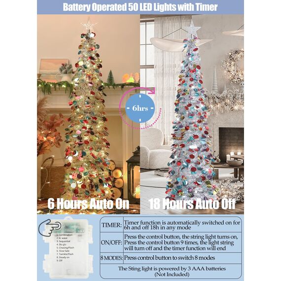 HMASYO 150 cm Pop-Up Lametta Weihnachtsbaum mit 50 Timer-Lichtern, Buntes Silber Zusammenklappbarer Künstlich Schlanken Weihnachtsbaum für den Innenbereich, Zuhause Wohnung Kamin mit Festdekoration