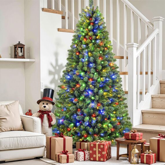 SHareconn 270cm Weihnachtsbaum künstlich mit Beleuchtung, Künstlicher Weihnachtsbaum mit 640 Warmweißen & Mehrfarbigen LED Lichtern, 12 Lichtmodi, 2316 PVC Zweigspitzen, Faltbarem Metallständer