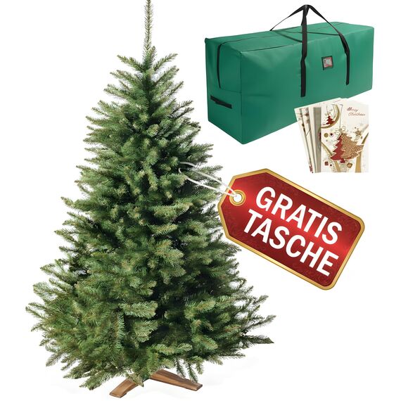 Wolkenland Künstlicher Weihnachtsbaum 220cm, in Premium Qualität - Mit Aufbewahrungstasche und Holzständer – Naturgetreu und mit dicht bestückten Zweigen – Künstliche Weihnachtsbäume