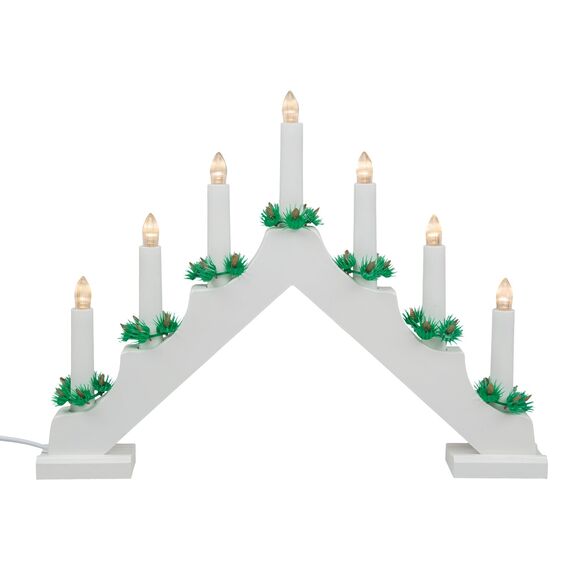 Idena 31837 - LED Adventsleuchter mit 7 LED Kerzenlichtern in Warmweiß, Schwibbogen aus weiß lackiertem Holz, mit Ersatzlampe und Schalter, Deko für Innen, als Winter-, Advents- und Weihnachtsdeko