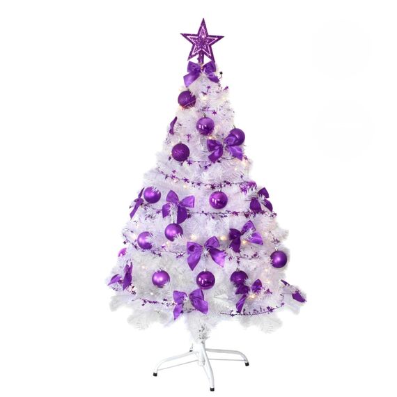 Weihnachtsbaum künstlich (WBD) 120 cm Weiss mit Weihnachtsdeko lila und Led Lichterkette mit Batteriebox und Fernbedienung künstlicher Christbaum klein Tannenbaum