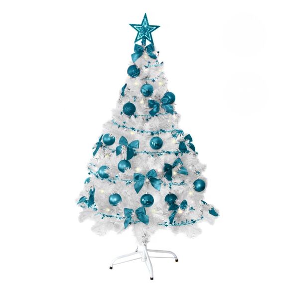 Weihnachtsbaum künstlich (WBD) 120 cm Weiss mit Weihnachtsdeko türkis und Led Lichterkette mit Batteriebox und Fernbedienung künstlicher Christbaum klein Tannenbaum