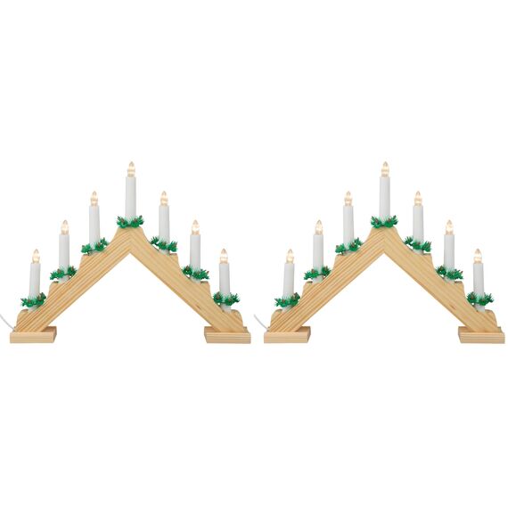 Idena 8582088 - LED Adventsleuchter mit 7 LED Kerzenlichtern in Warmweiß, Schwibbogen aus naturfarbenem Holz, mit Ersatzlampe und Schalter, Deko für Innen, als Winter-, Advents- und Weihnachtsdeko