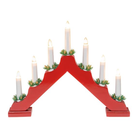 Idena 31604 - LED Adventsleuchter mit 7 LED Kerzenlichtern in Warmweiß, Schwibbogen aus rot lackiertem Holz, mit Ersatzlampe und Schalter, Deko für Innen, als Winter-, Advents- und Weihnachtsdeko