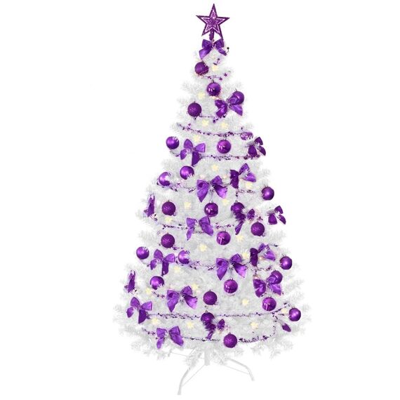 Weihnachtsbaum künstlich (WBD) 240 cm Weiss mit Weihnachtsdeko lila und Led Lichterkette mit Batteriebox und Fernbedienung künstlicher Christbaum klein Tannenbaum