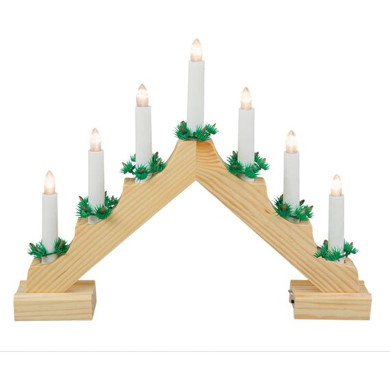 Idena 8582092 - LED Adventsleuchter mit 7 LED Kerzenlichtern in Warmweiß, Schwibbogen aus naturfarbenem Holz, batteriebetrieben, Deko für Innen, als Winter-, Advents- und Weihnachtsdeko