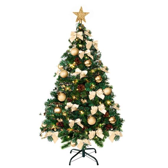Weihnachtsbaum künstlich (WBD) 120 cm grün mit Weihnachtsdeko Gold und Led Lichterkette mit Batteriebox und Fernbedienung künstlicher Christbaum klein Tannenbaum