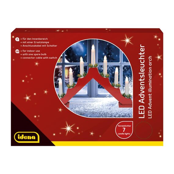 Idena 31604 - LED Adventsleuchter mit 7 LED Kerzenlichtern in Warmweiß, Schwibbogen aus rot lackiertem Holz, mit Ersatzlampe und Schalter, Deko für Innen, als Winter-, Advents- und Weihnachtsdeko