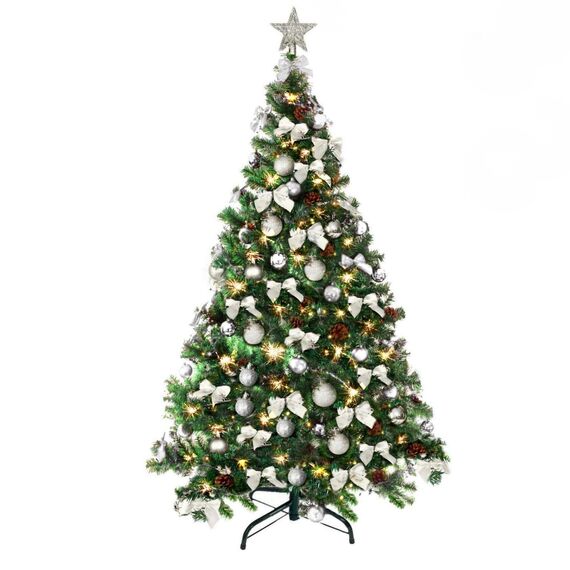 Weihnachtsbaum künstlich (WBD) 240 cm grün mit Weihnachtsdeko Silber und Led Lichterkette mit Batteriebox und Fernbedienung künstlicher Christbaum klein Tannenbaum