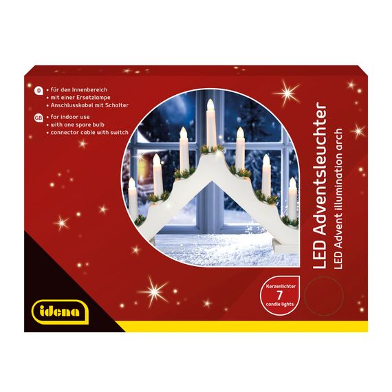 Idena 31837 - LED Adventsleuchter mit 7 LED Kerzenlichtern in Warmweiß, Schwibbogen aus weiß lackiertem Holz, mit Ersatzlampe und Schalter, Deko für Innen, als Winter-, Advents- und Weihnachtsdeko